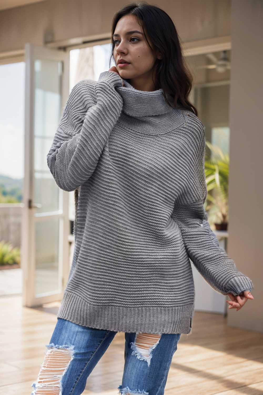 casual chunky knit mock neck long sleeve split pullover sweater 111645