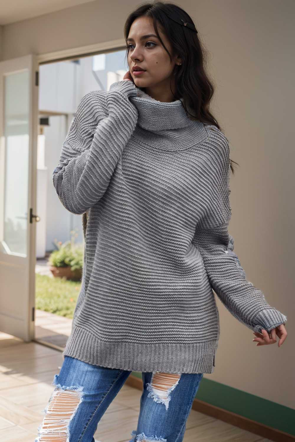 casual chunky knit mock neck long sleeve split pullover sweater 111644