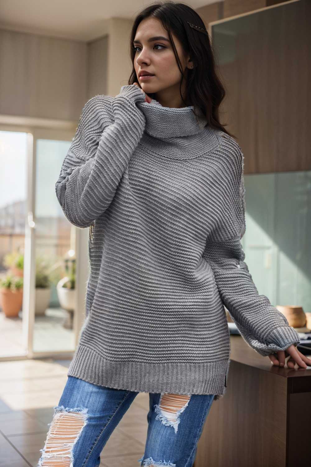 casual chunky knit mock neck long sleeve split pullover sweater 105857