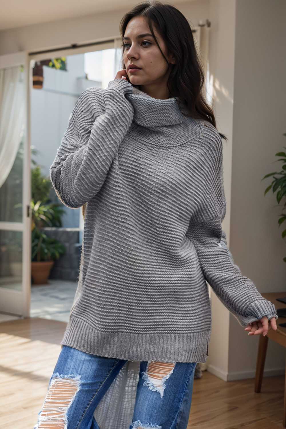 casual chunky knit mock neck long sleeve split pullover sweater 111642