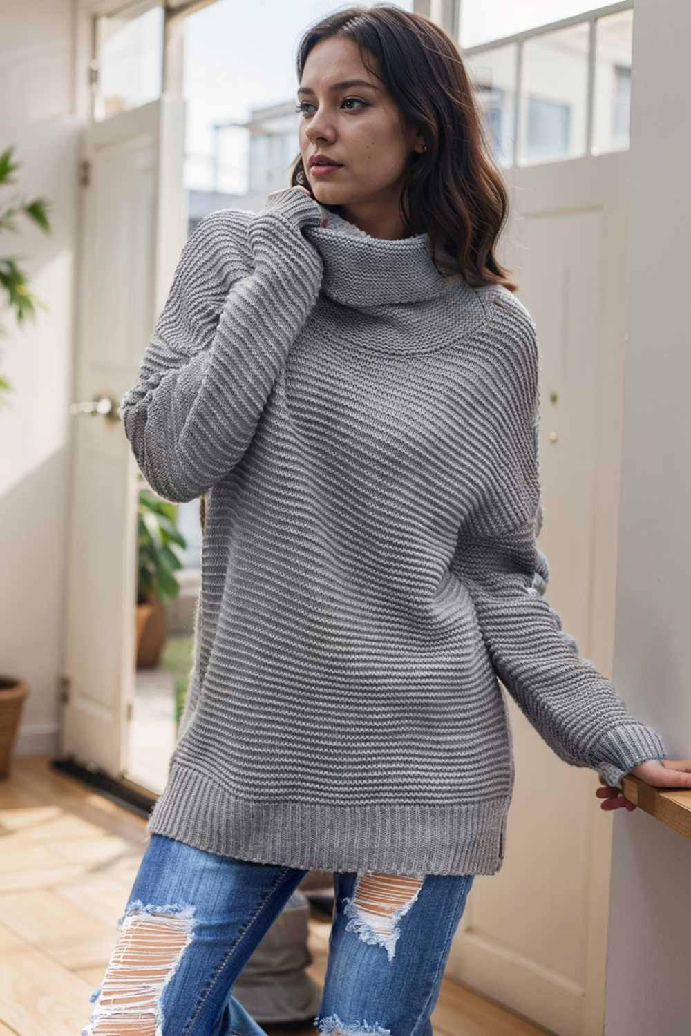 casual chunky knit mock neck long sleeve split pullover sweater 111640
