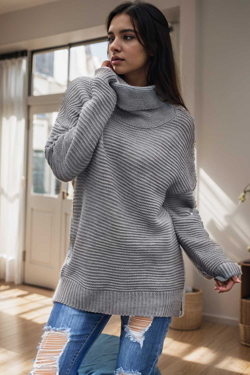 casual chunky knit mock neck long sleeve split pullover sweater 105852