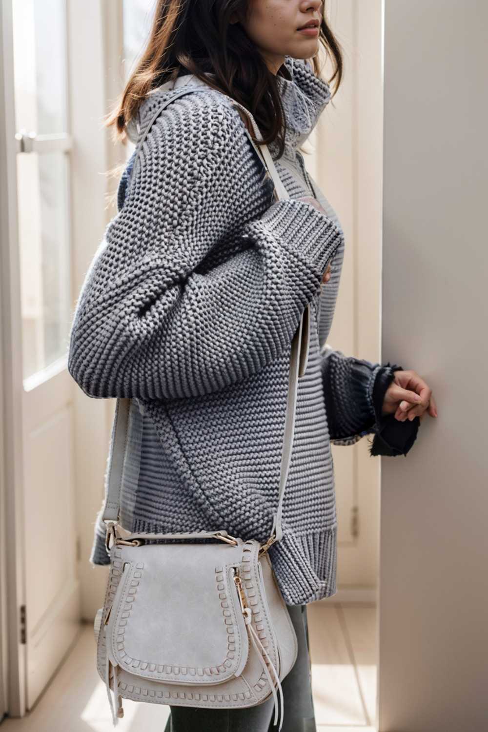 casual chunky knit mock neck long sleeve split pullover sweater 111636