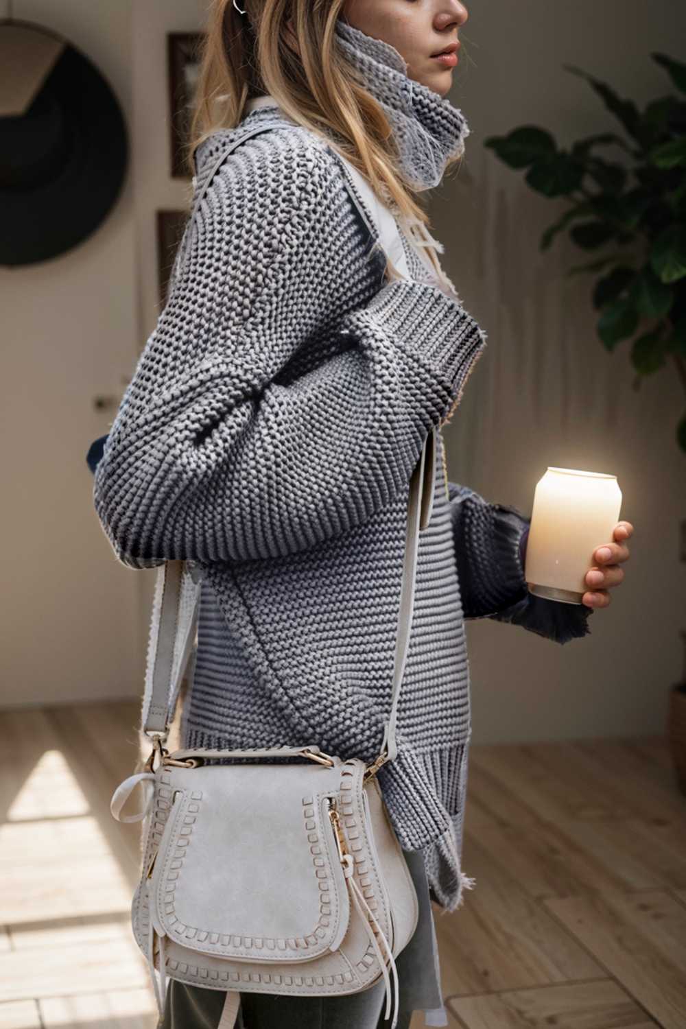 casual chunky knit mock neck long sleeve split pullover sweater 111633