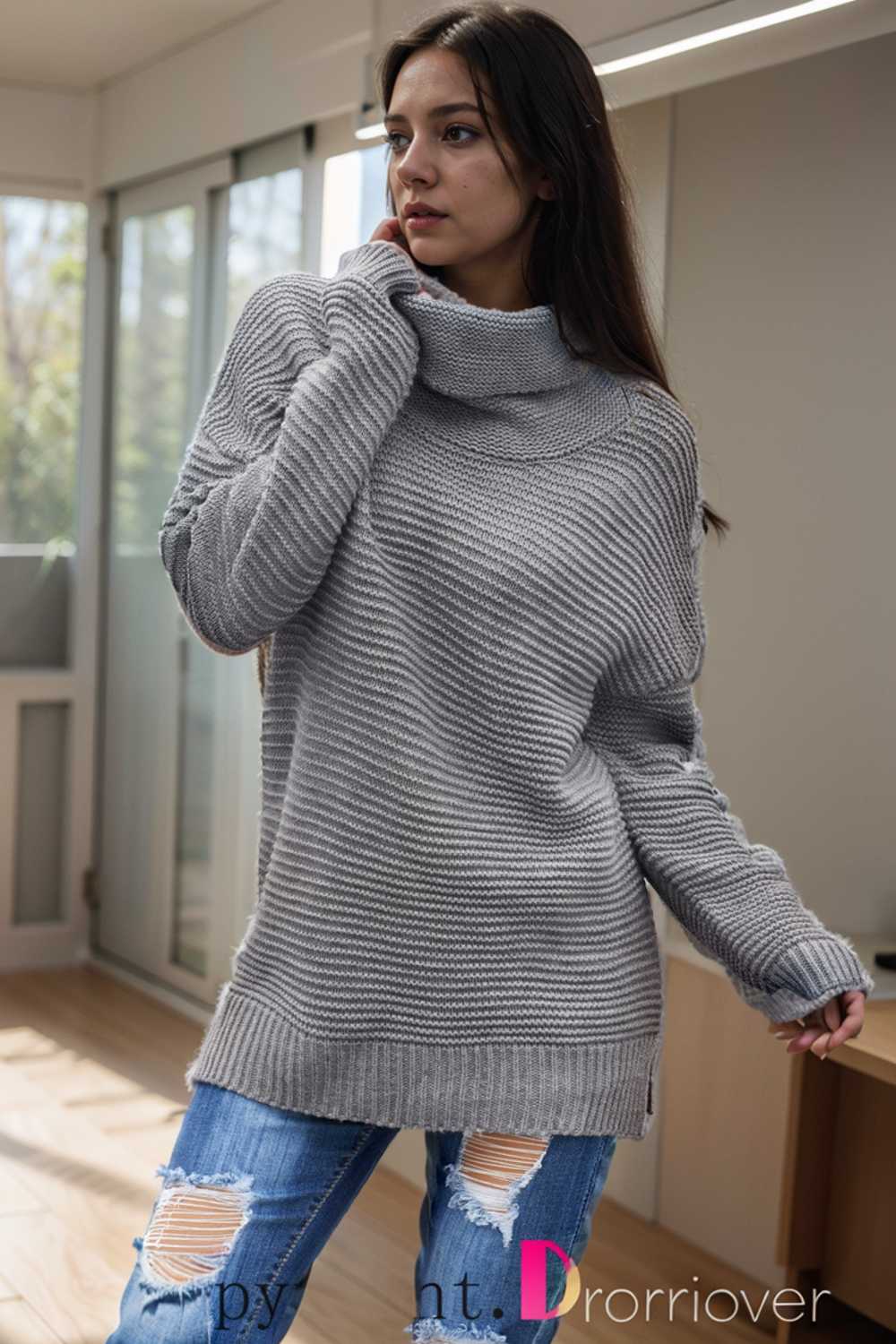 casual chunky knit mock neck long sleeve split pullover sweater 111632