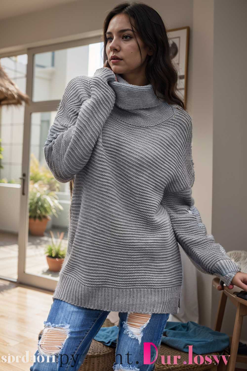 casual chunky knit mock neck long sleeve split pullover sweater 111631