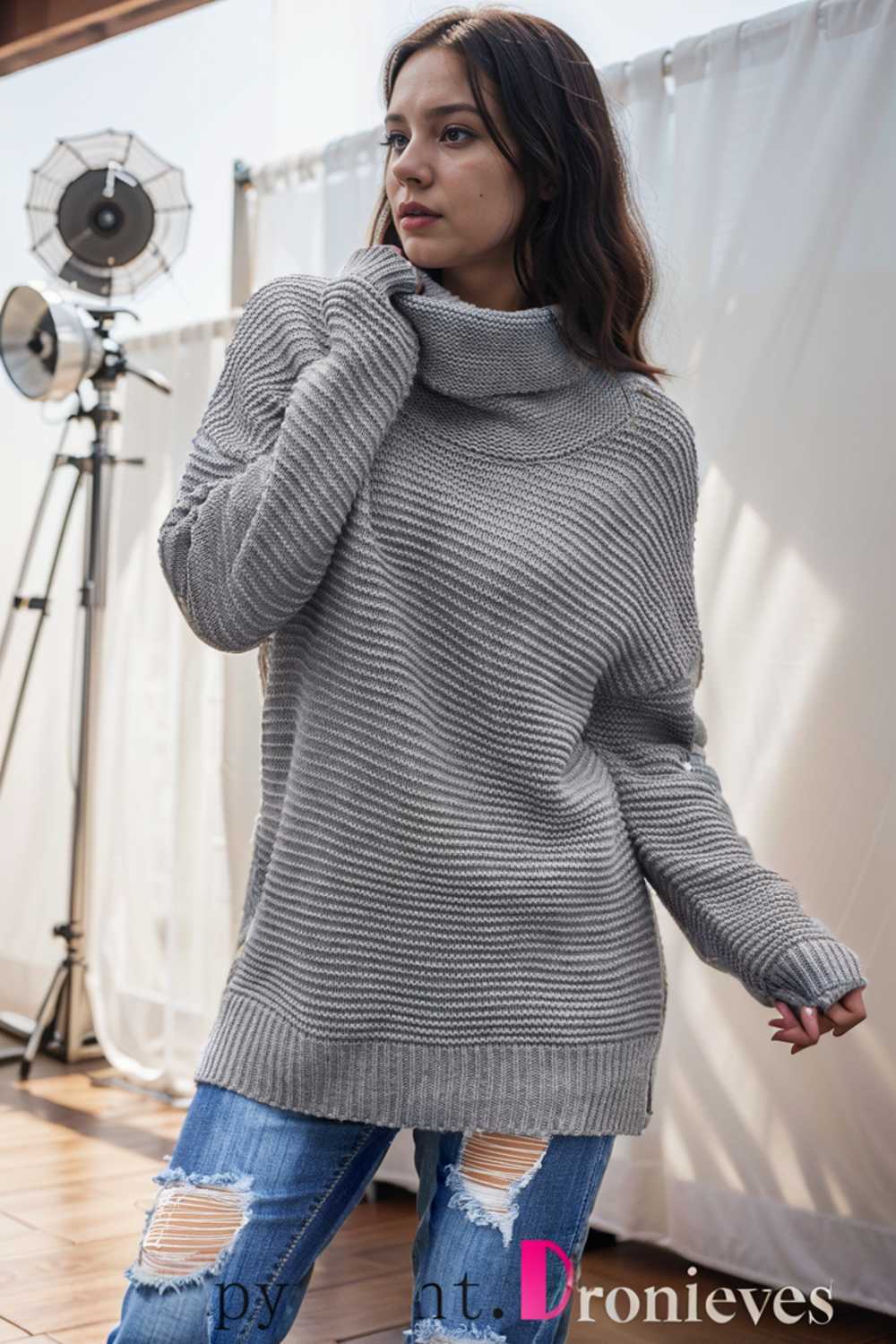 casual chunky knit mock neck long sleeve split pullover sweater 111629