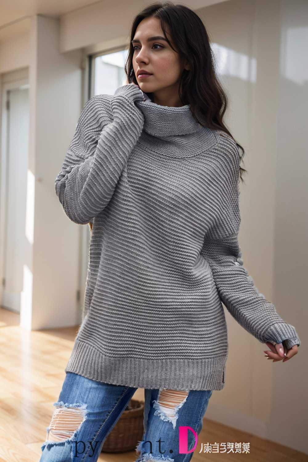 casual chunky knit mock neck long sleeve split pullover sweater 105835