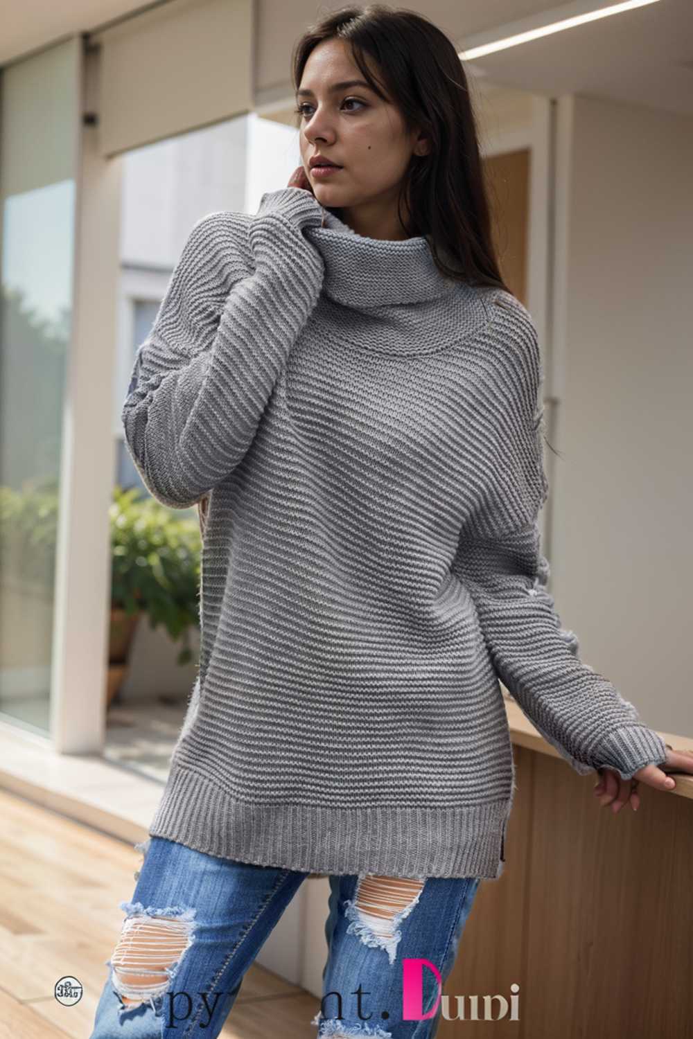 casual chunky knit mock neck long sleeve split pullover sweater 111628