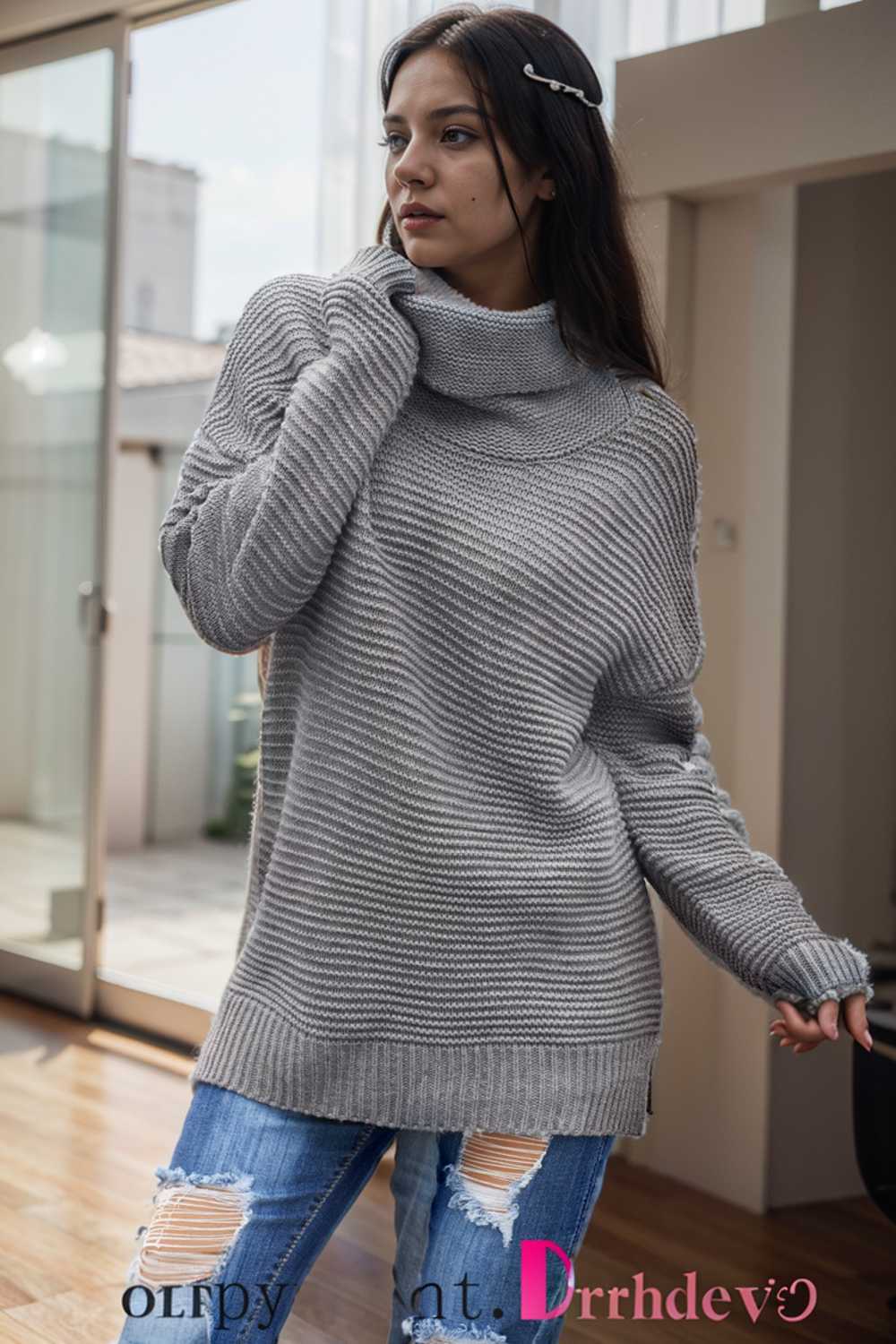 casual chunky knit mock neck long sleeve split pullover sweater 111627