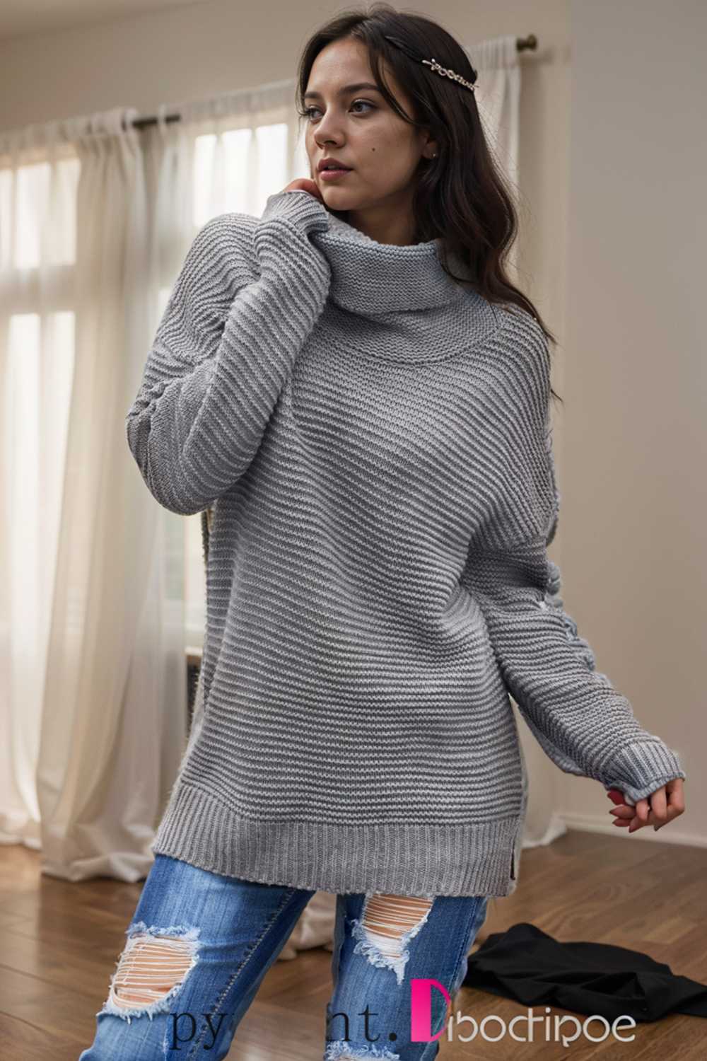 casual chunky knit mock neck long sleeve split pullover sweater 111626