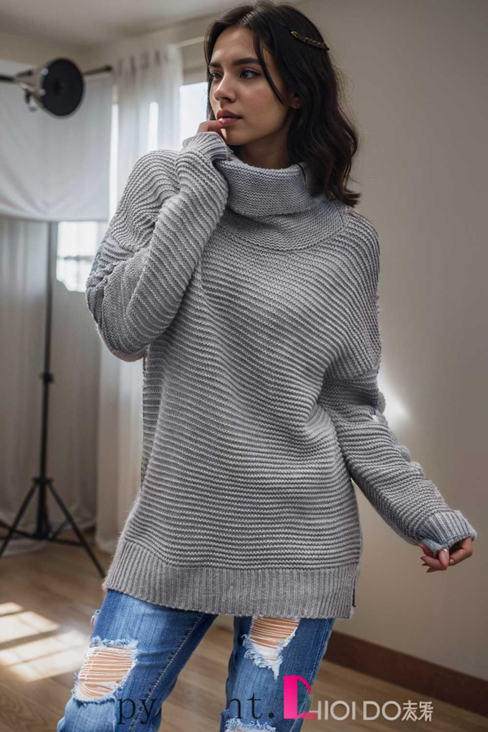 casual chunky knit mock neck long sleeve split pullover sweater 105830
