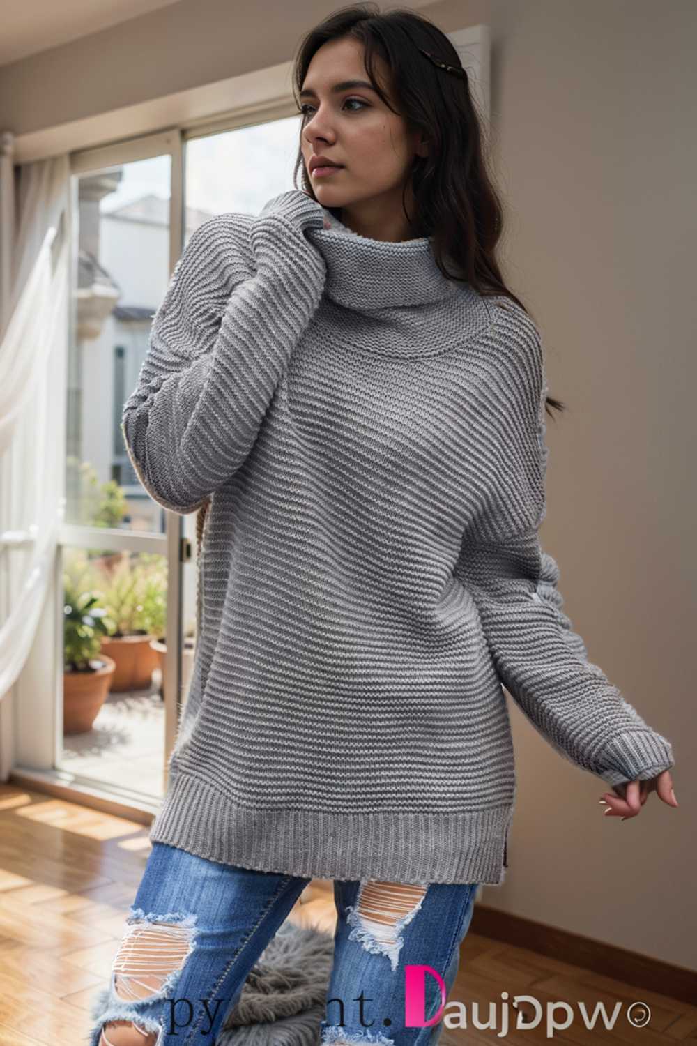 casual chunky knit mock neck long sleeve split pullover sweater 105826