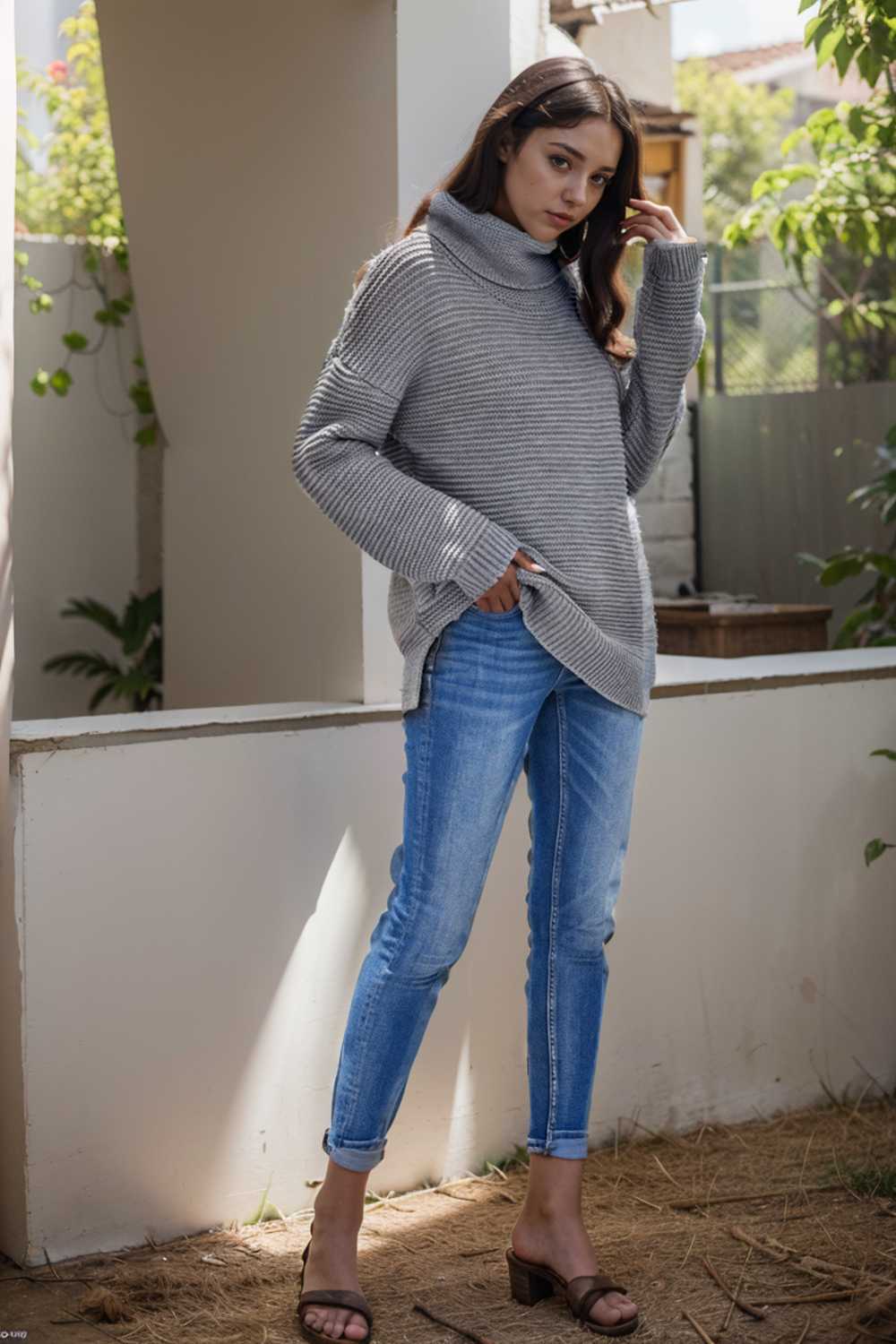 casual chunky knit mock neck long sleeve split pullover sweater 111625