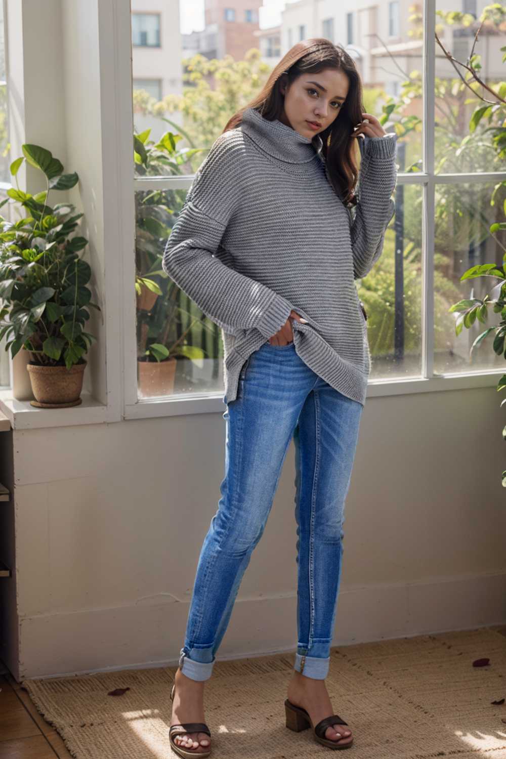 casual chunky knit mock neck long sleeve split pullover sweater 111621