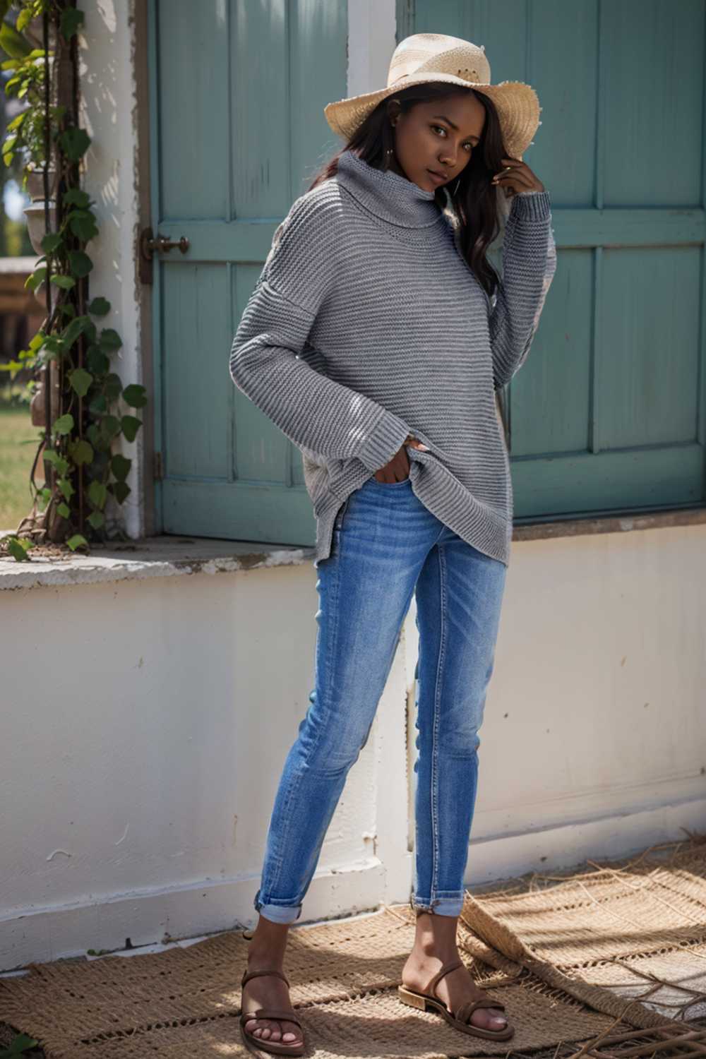 casual chunky knit mock neck long sleeve split pullover sweater 105818