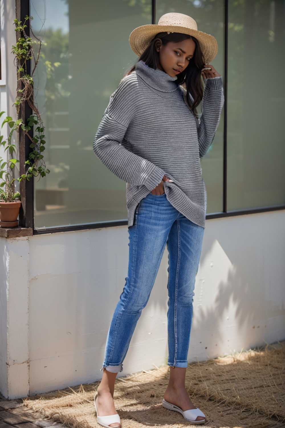 casual chunky knit mock neck long sleeve split pullover sweater 109511