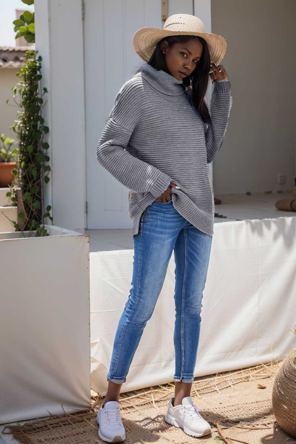 casual chunky knit mock neck long sleeve split pullover sweater 109509