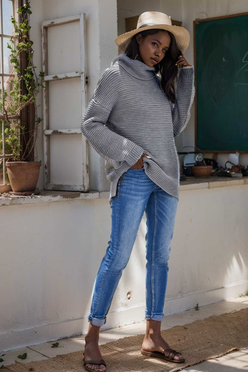 casual chunky knit mock neck long sleeve split pullover sweater 109508