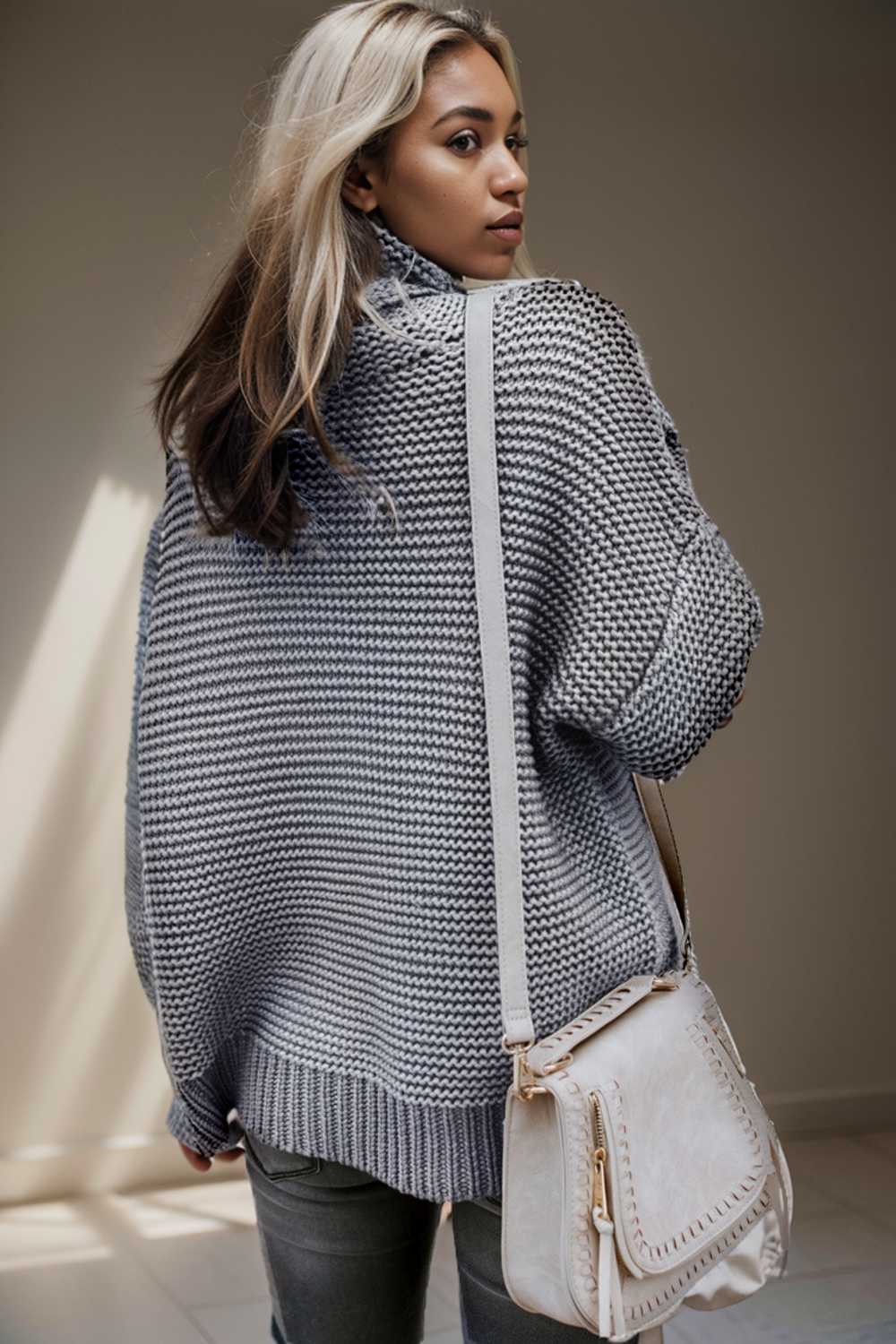 casual chunky knit mock neck long sleeve split pullover sweater 111574
