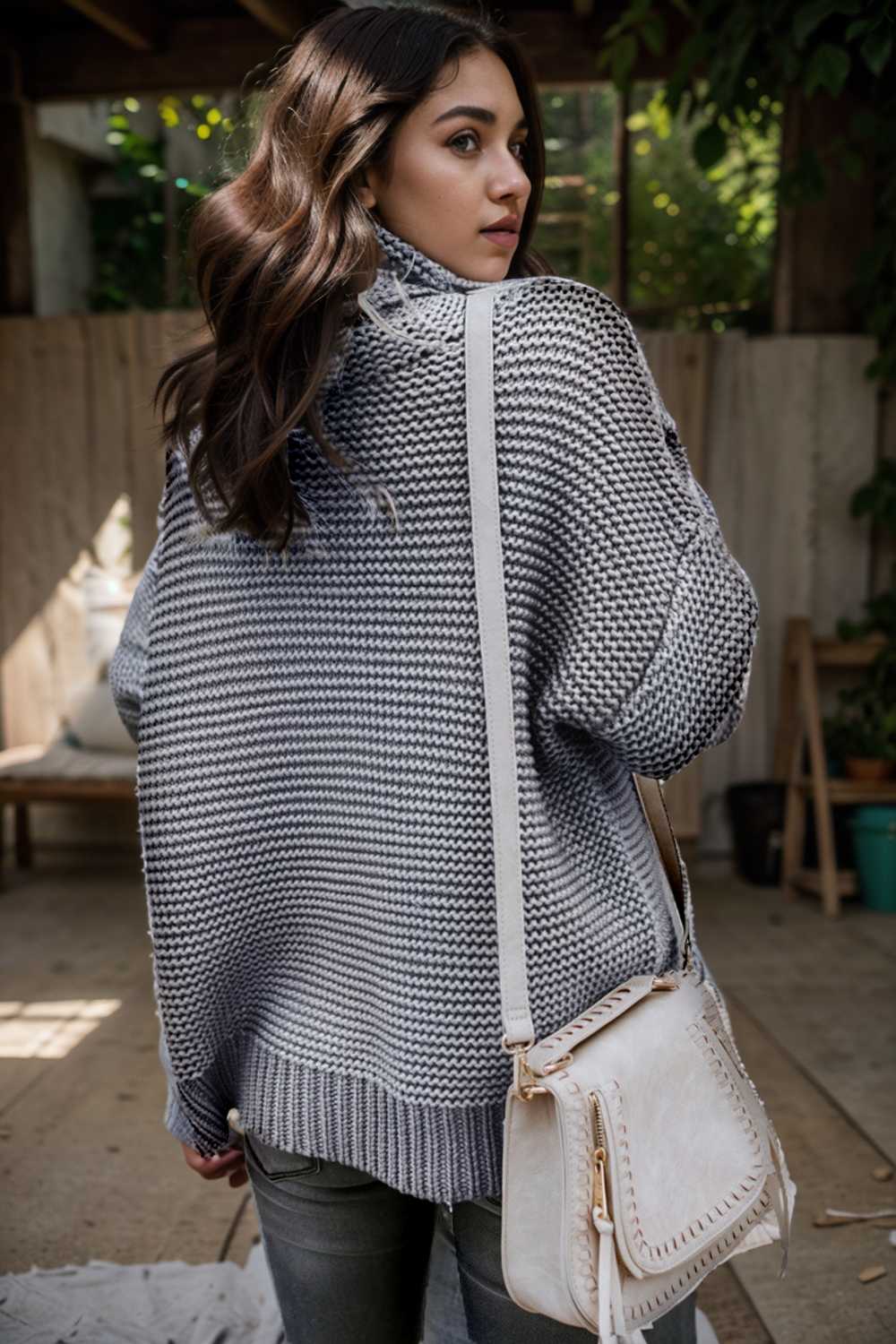 casual chunky knit mock neck long sleeve split pullover sweater 109505