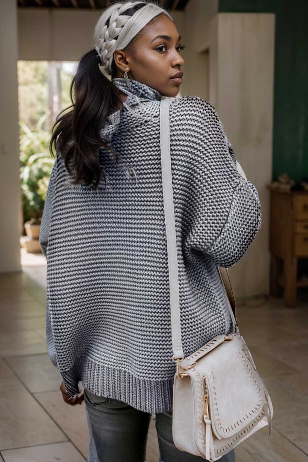 casual chunky knit mock neck long sleeve split pullover sweater 109504