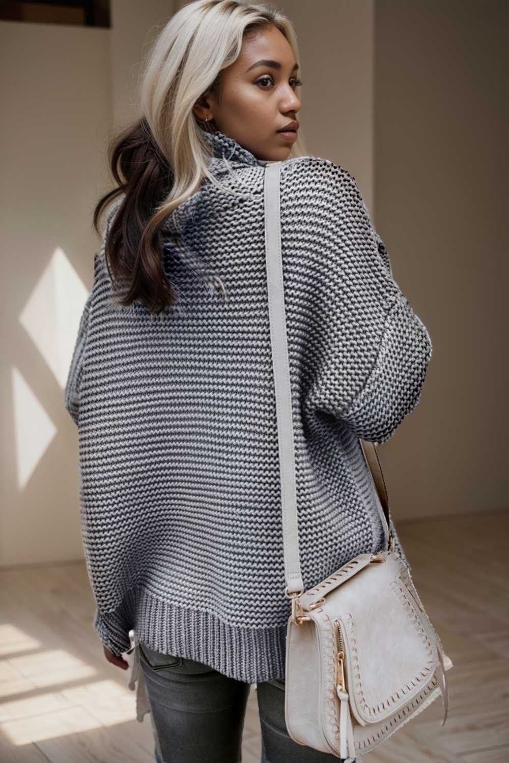 casual chunky knit mock neck long sleeve split pullover sweater 109503
