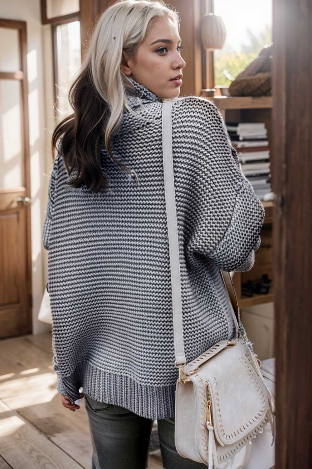 casual chunky knit mock neck long sleeve split pullover sweater 111613