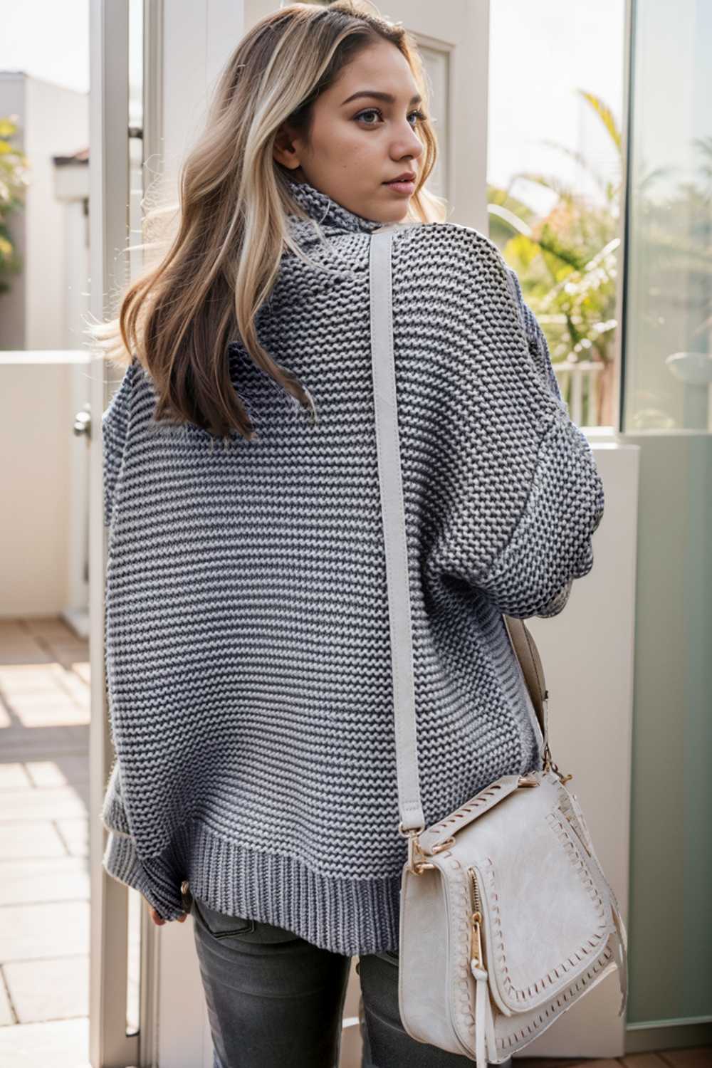 casual chunky knit mock neck long sleeve split pullover sweater 111612