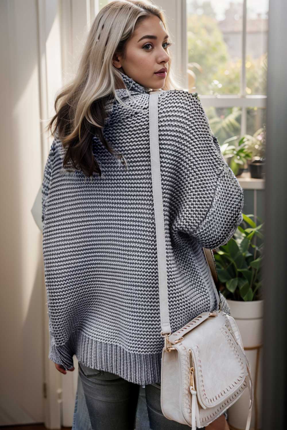 casual chunky knit mock neck long sleeve split pullover sweater 109499