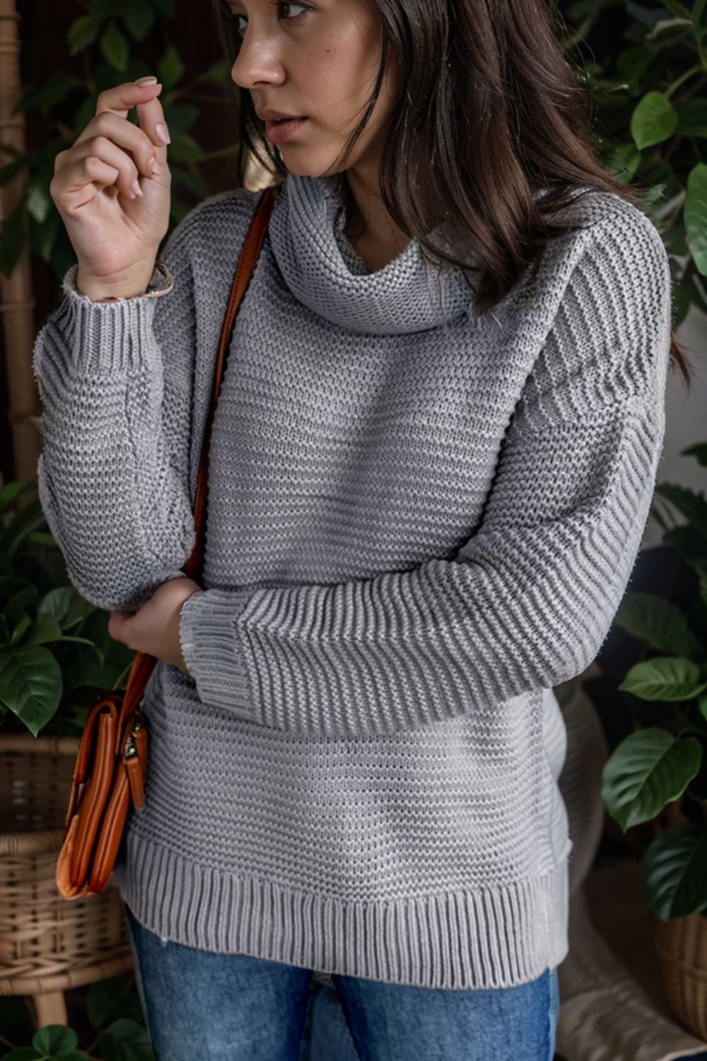 casual chunky knit mock neck long sleeve split pullover sweater 109498