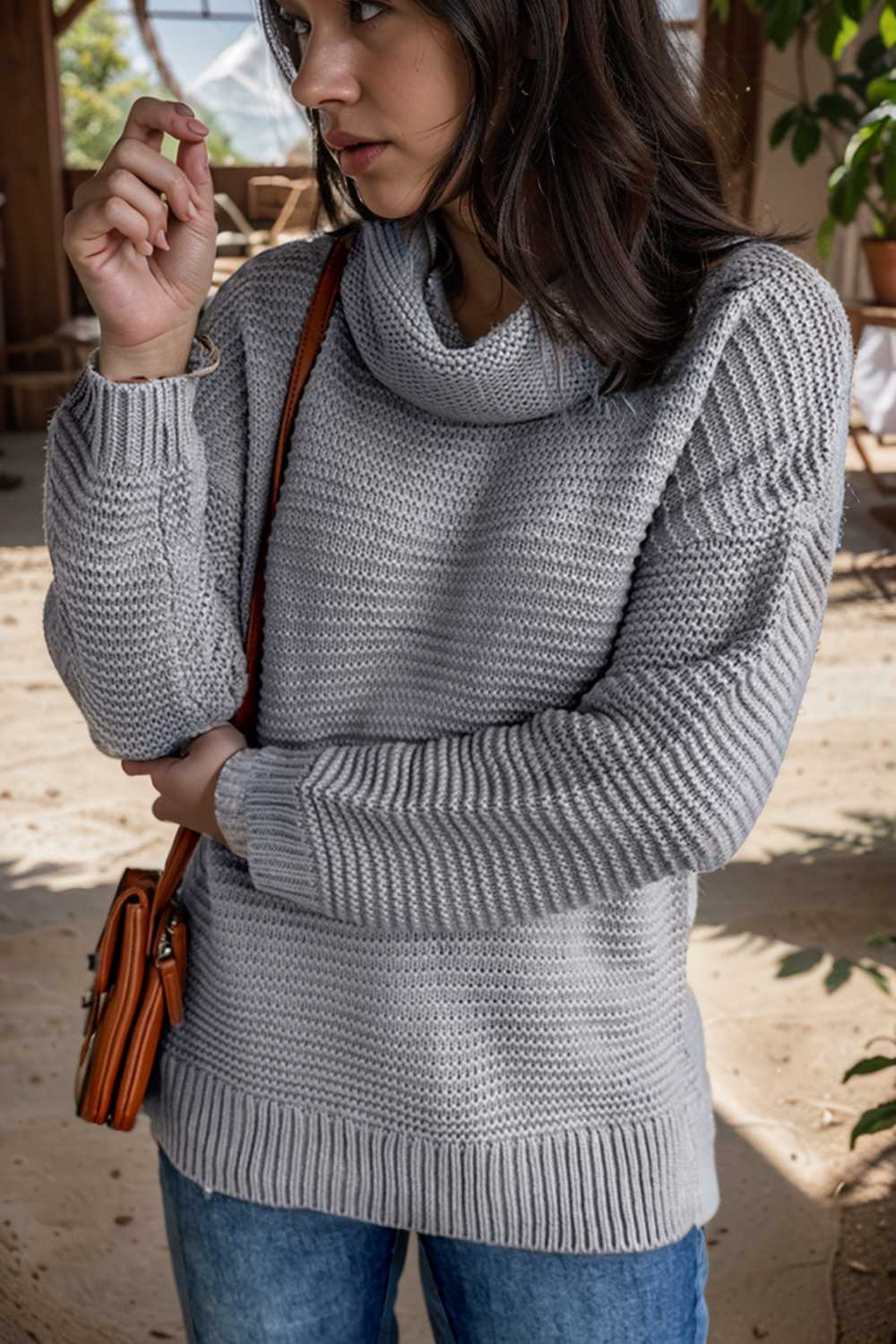 casual chunky knit mock neck long sleeve split pullover sweater 109497
