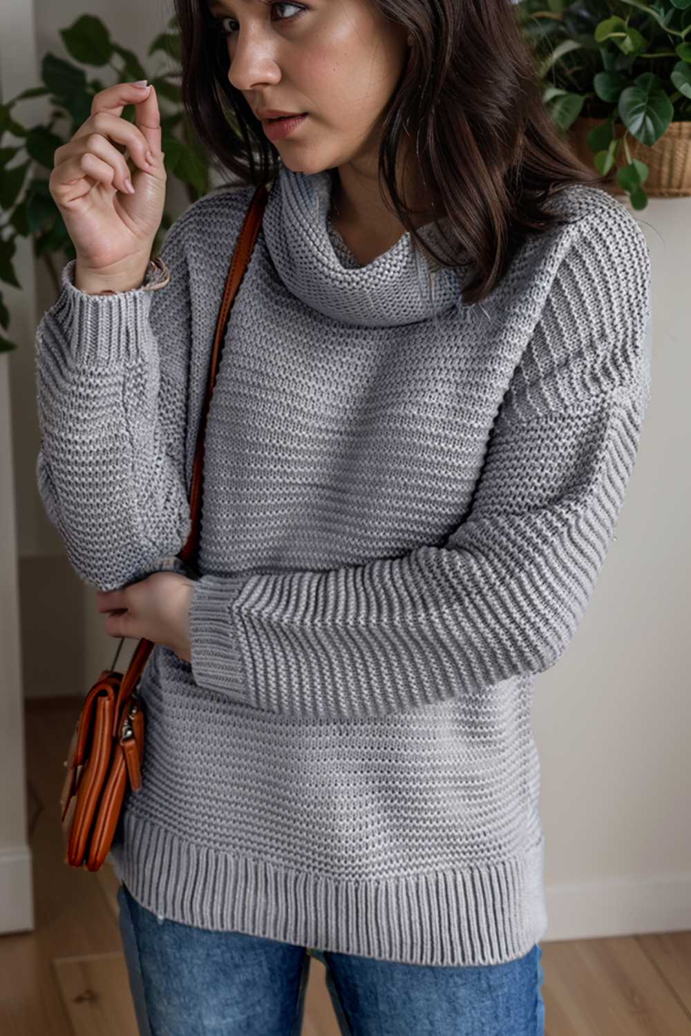casual chunky knit mock neck long sleeve split pullover sweater 109495