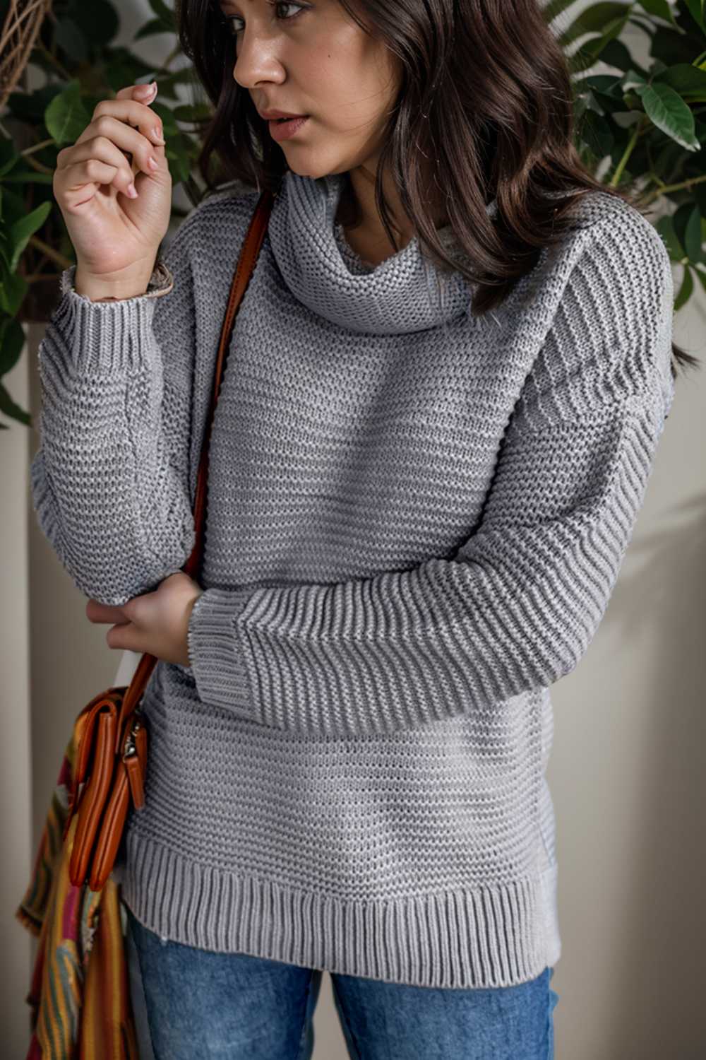 casual chunky knit mock neck long sleeve split pullover sweater 109494