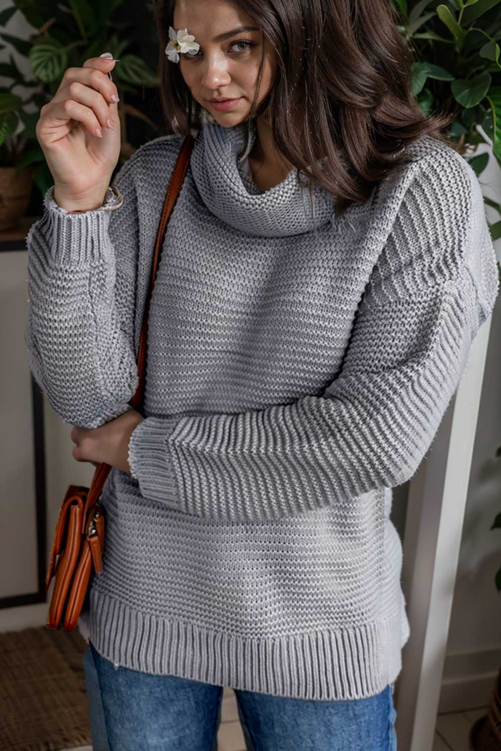 casual chunky knit mock neck long sleeve split pullover sweater 107114