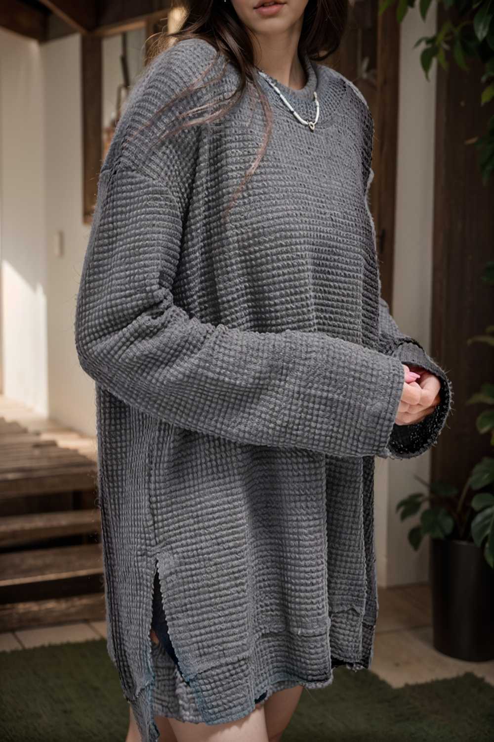 casual chunky knit mock neck long sleeve split pullover sweater 107109