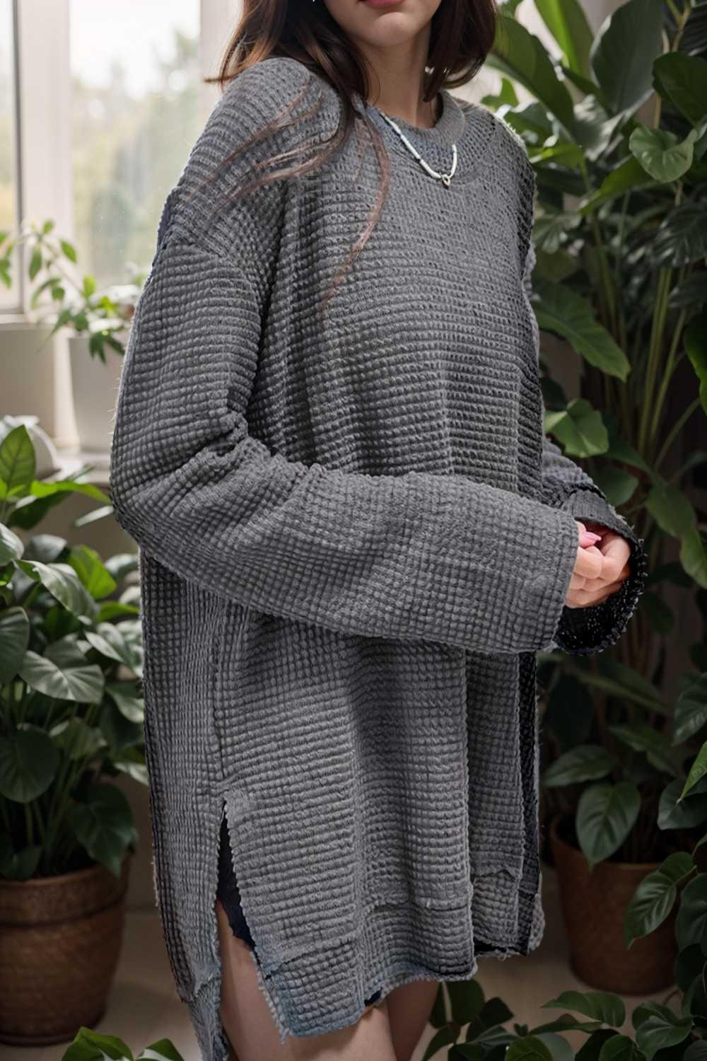 casual chunky knit mock neck long sleeve split pullover sweater 109486