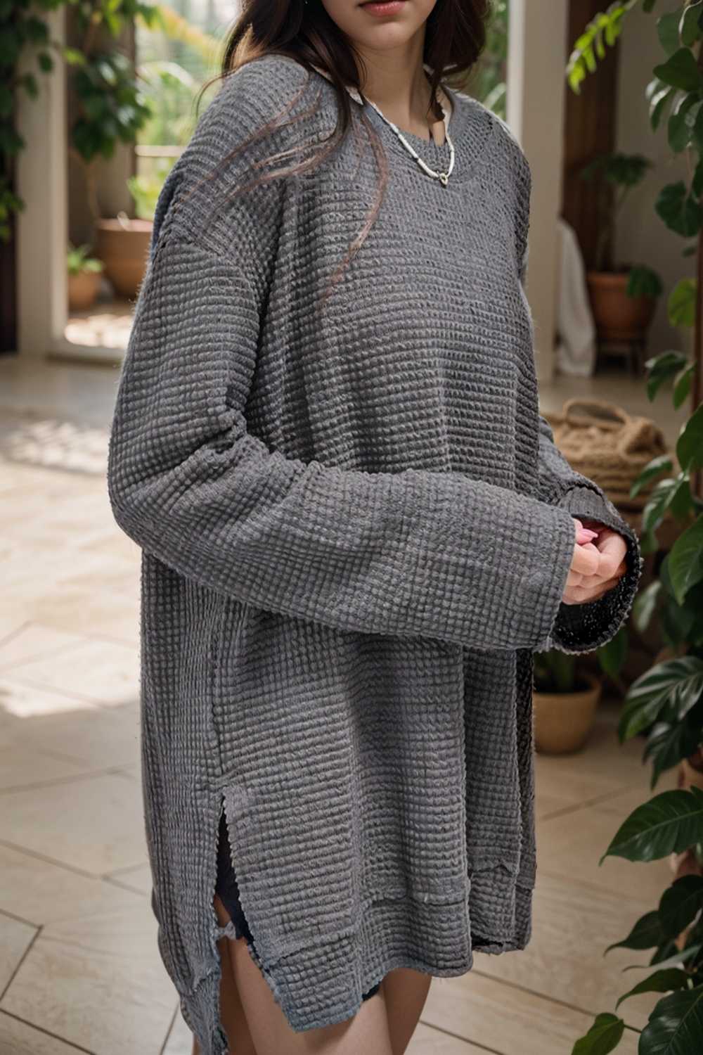 casual chunky knit mock neck long sleeve split pullover sweater 109485