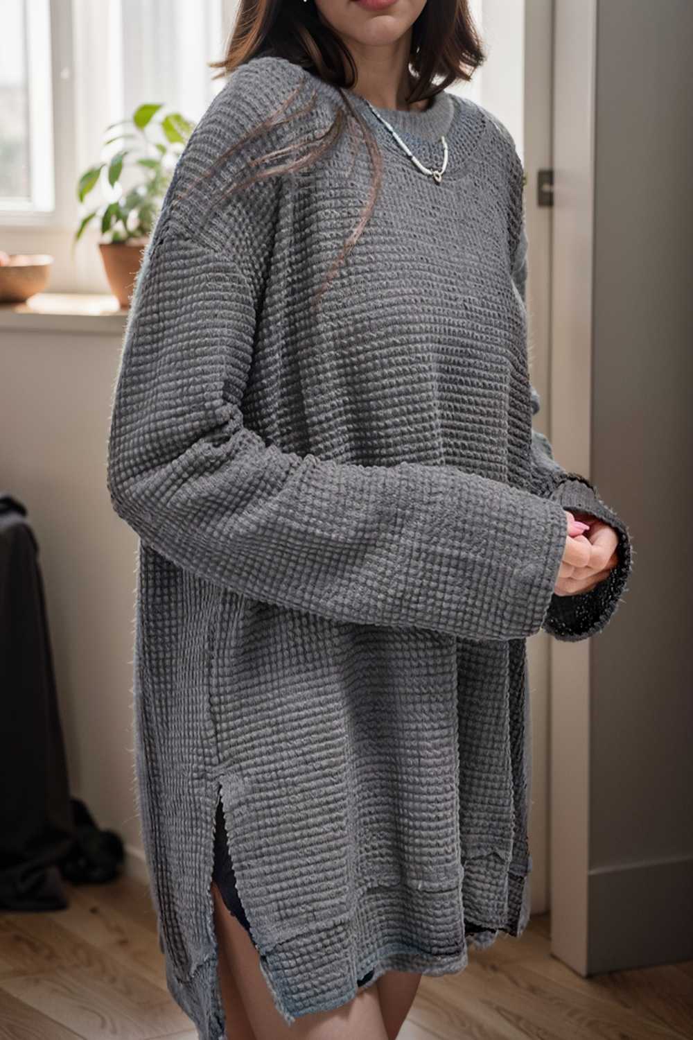 casual chunky knit mock neck long sleeve split pullover sweater 109477