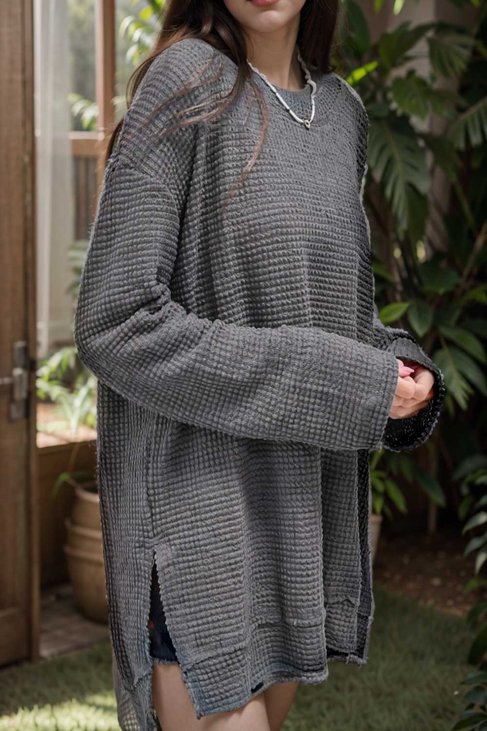 casual chunky knit mock neck long sleeve split pullover sweater 109475