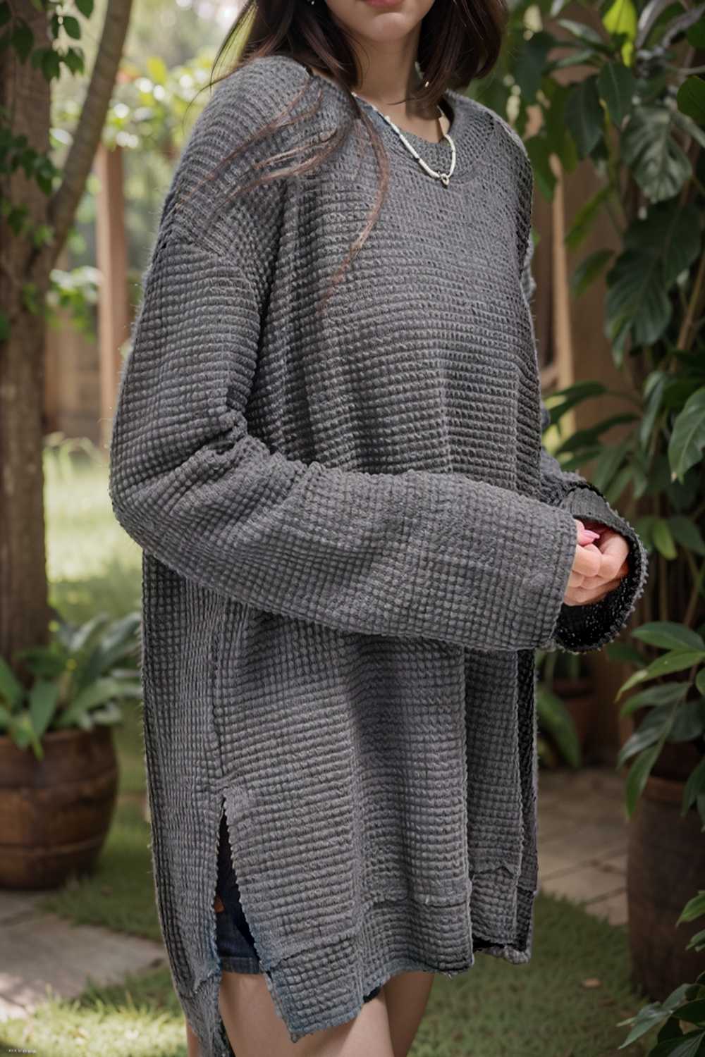 casual chunky knit mock neck long sleeve split pullover sweater 109474