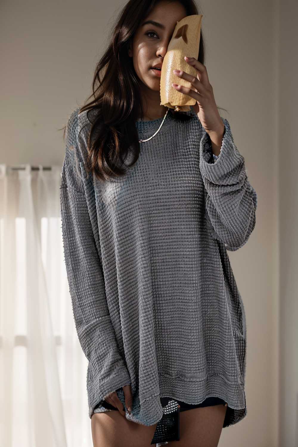 casual chunky knit mock neck long sleeve split pullover sweater 109471