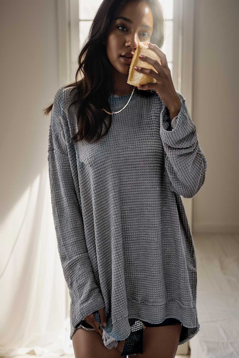 casual chunky knit mock neck long sleeve split pullover sweater 109469