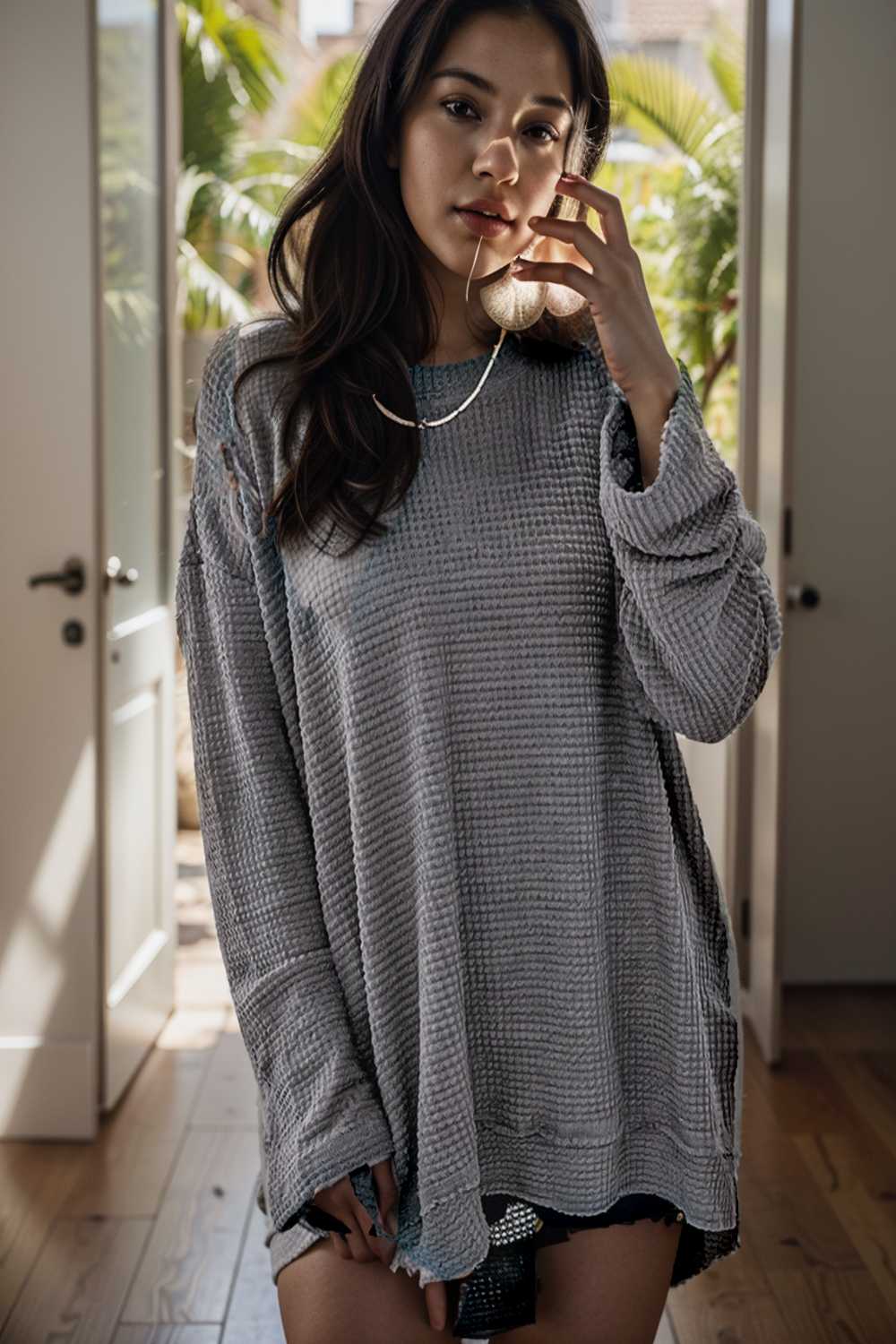 casual chunky knit mock neck long sleeve split pullover sweater 109467