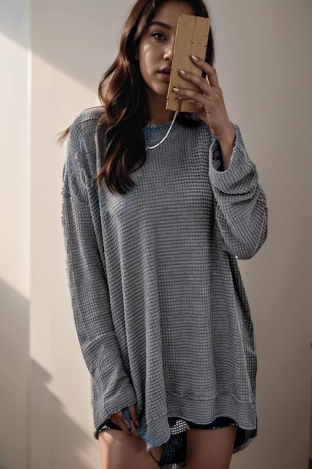 casual chunky knit mock neck long sleeve split pullover sweater 109465