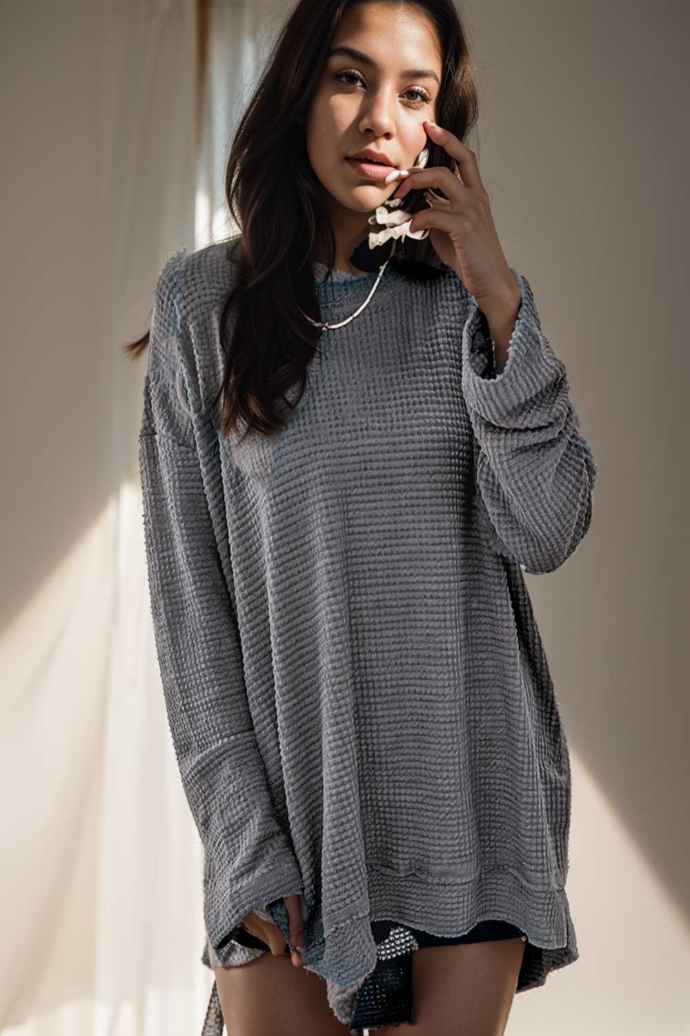 casual chunky knit mock neck long sleeve split pullover sweater 109463