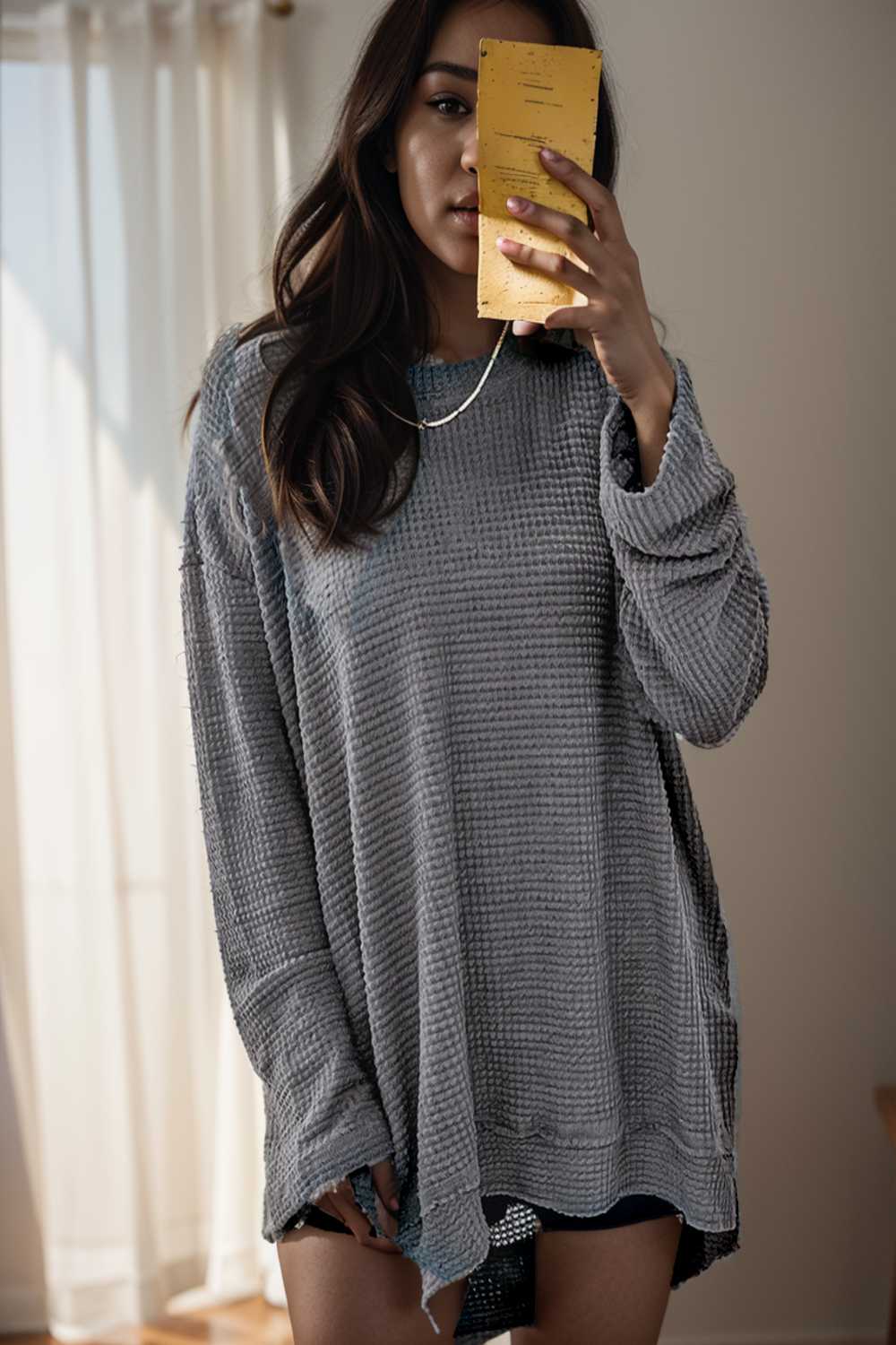 casual chunky knit mock neck long sleeve split pullover sweater 109460