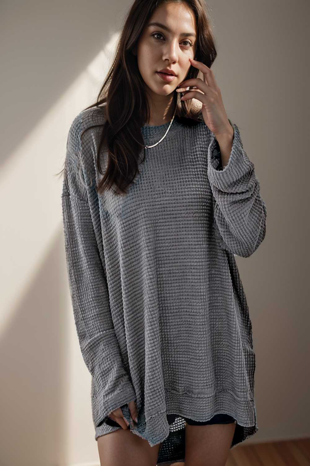 casual chunky knit mock neck long sleeve split pullover sweater 109459