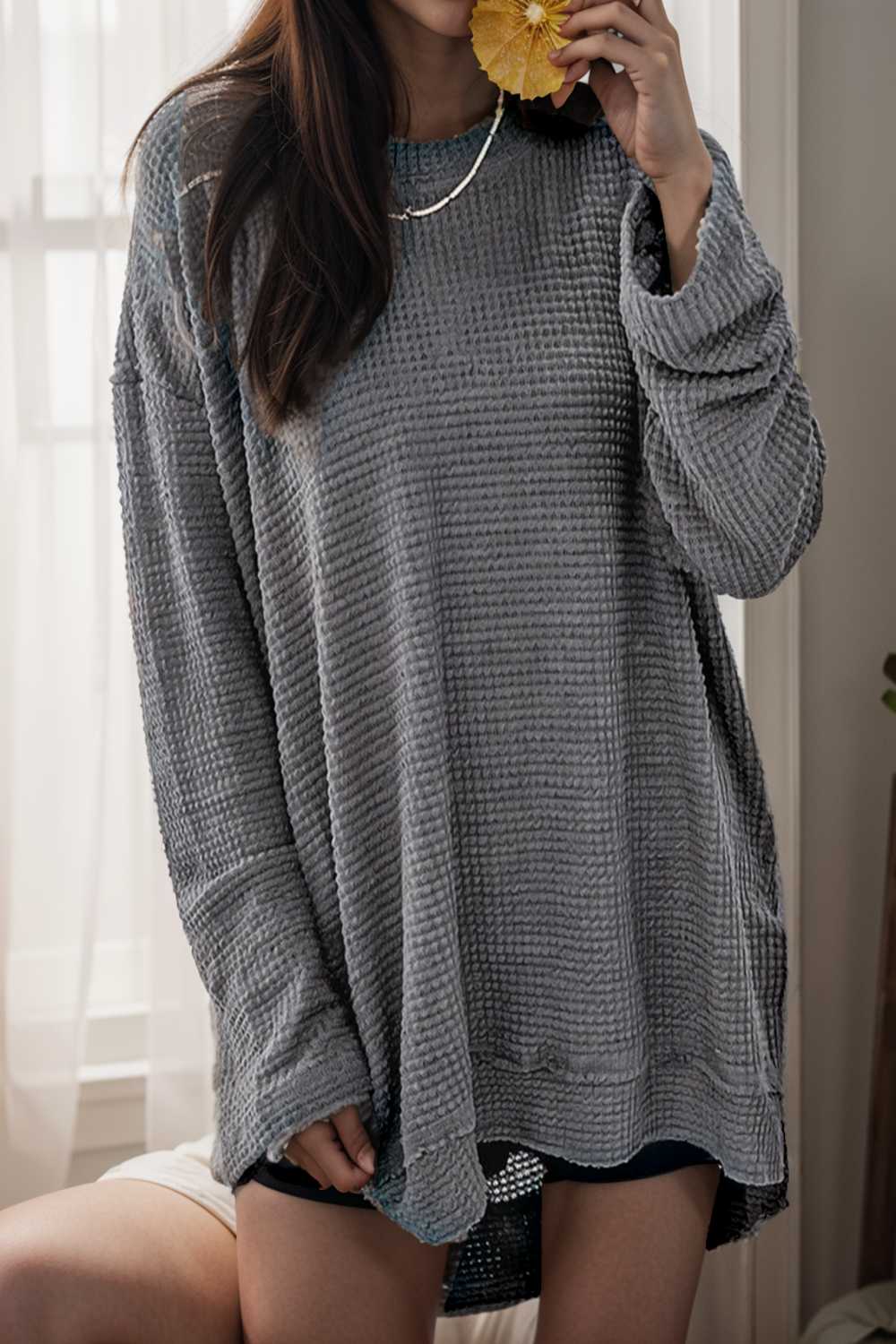 casual chunky knit mock neck long sleeve split pullover sweater 109458