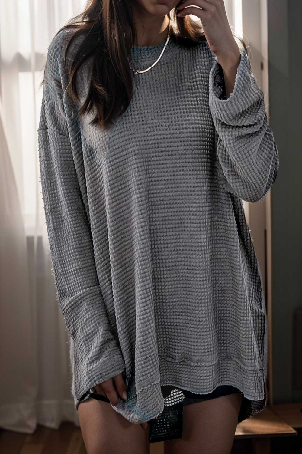 casual chunky knit mock neck long sleeve split pullover sweater 109457